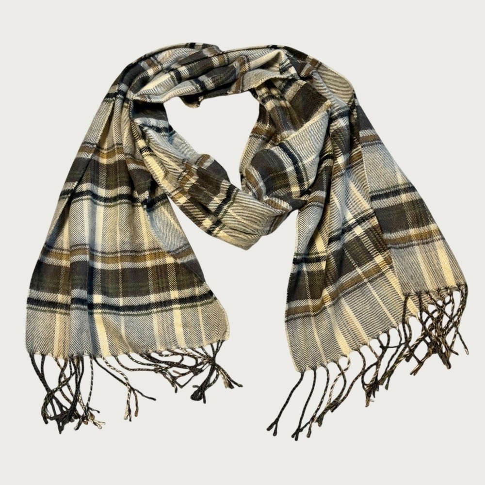 Cashmere Feel Tartan Plaid Scarf OS Brown Fringe Tassel Cabin Core Preppy Fall